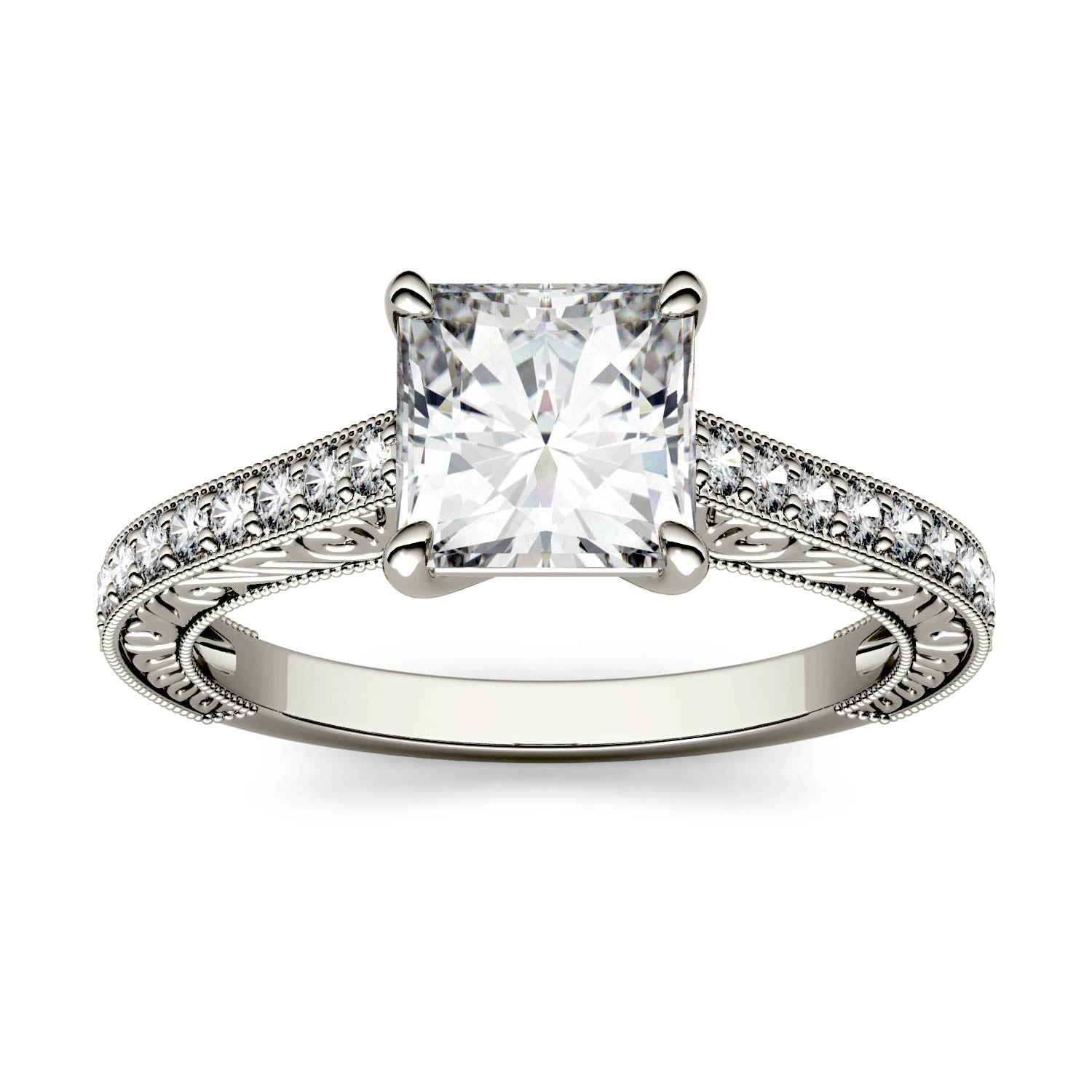 1.94 CTW DEW Square Moissanite Side-Stone Trellis Engagement Ring in 14K White Gold