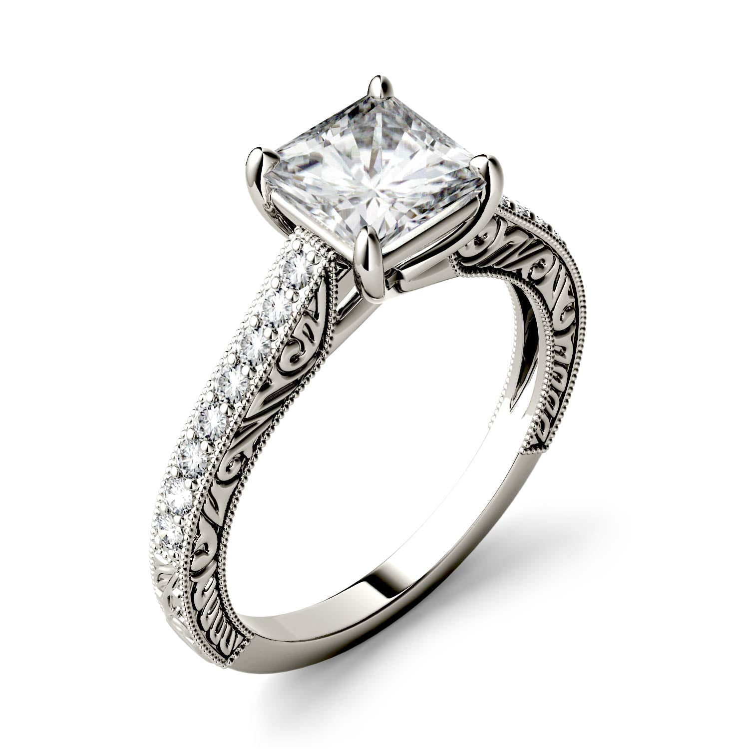 1.94 CTW DEW Square Moissanite Side-Stone Trellis Engagement Ring in 14K White Gold