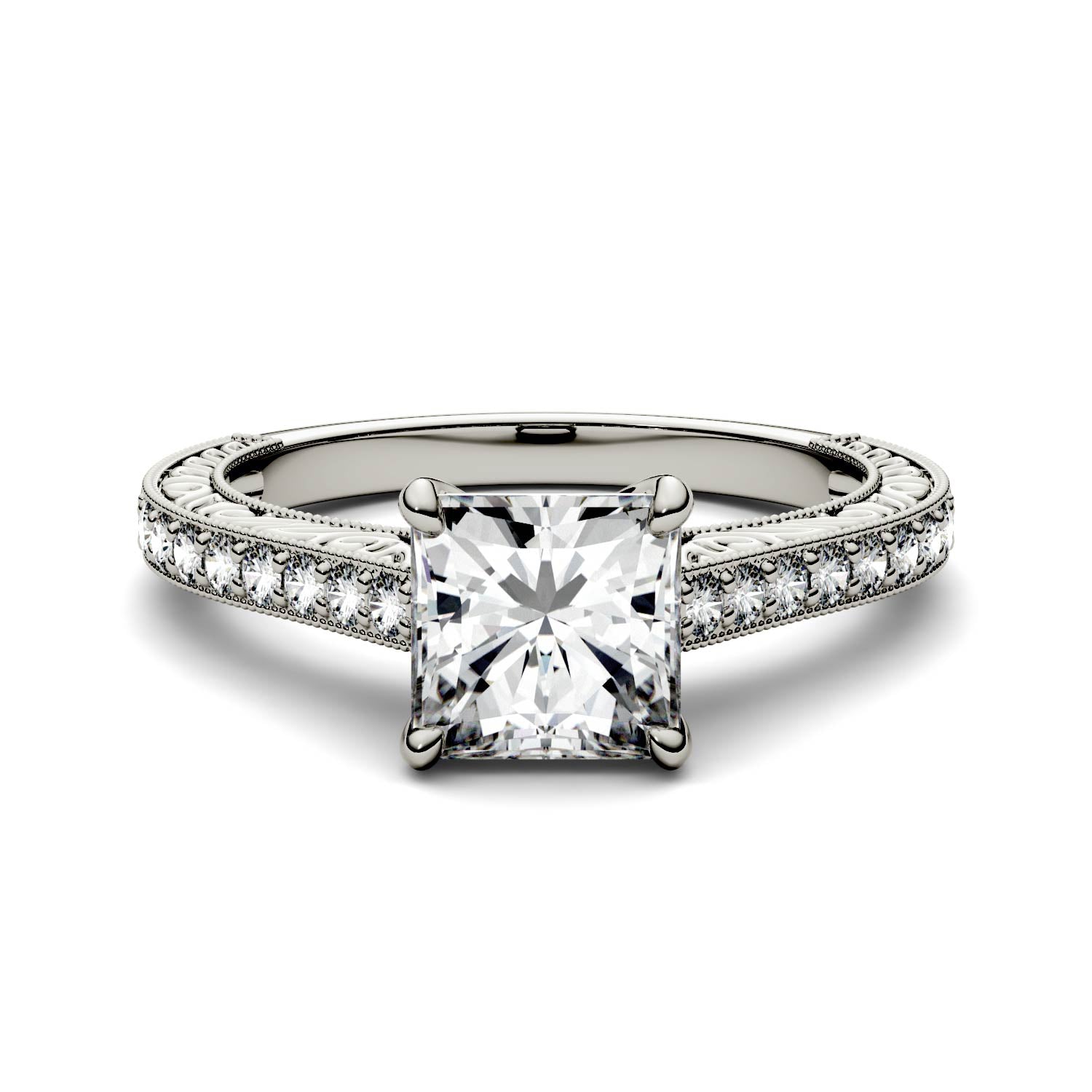 1.94 CTW DEW Square Moissanite Side-Stone Trellis Engagement Ring in 14K White Gold