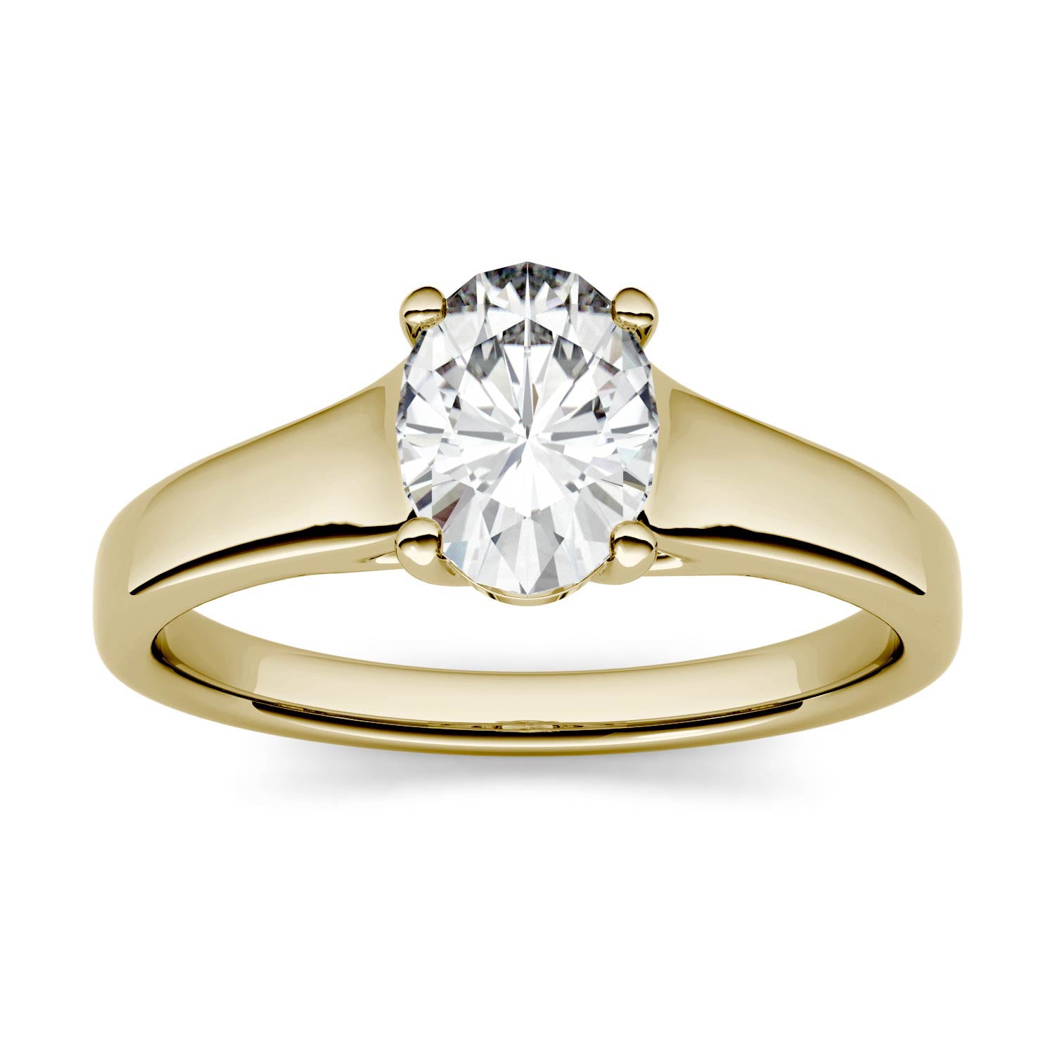 1.50 CTW DEW Oval Moissanite Trellis Solitaire Engagement Ring in 14K Yellow Gold