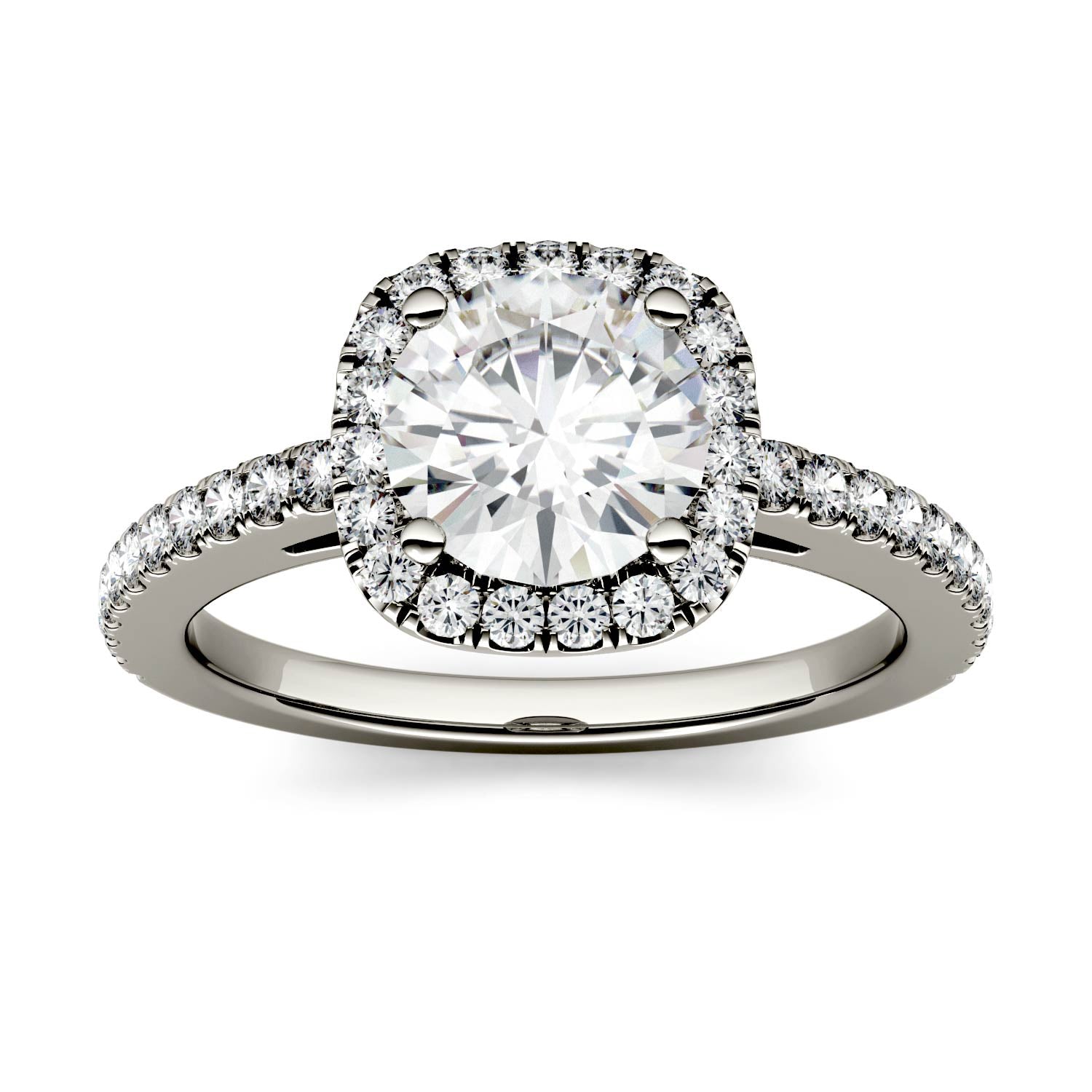 1.41 CTW DEW Round Moissanite Side-Stone Halo Engagement Ring in 14K White Gold