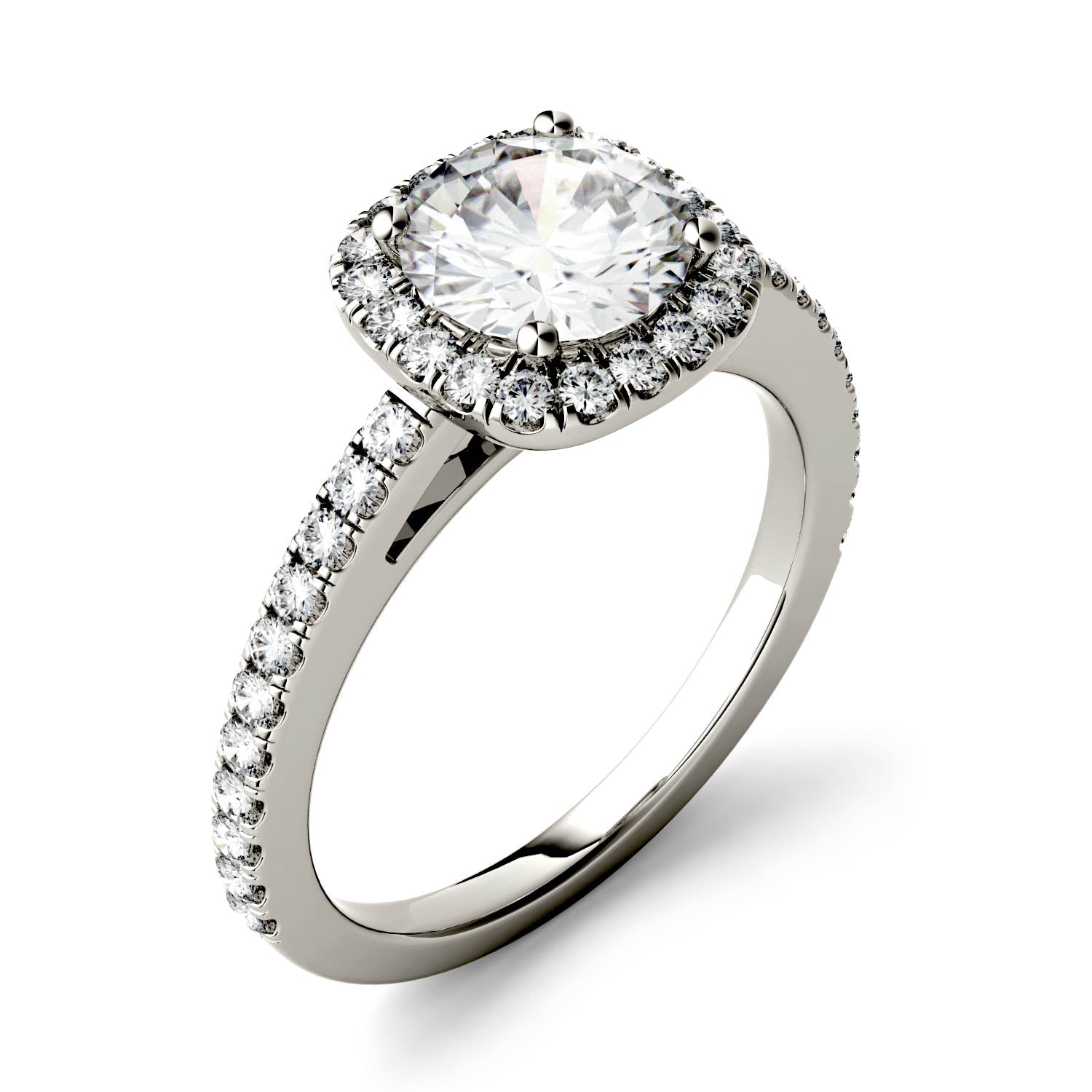 1.41 CTW DEW Round Moissanite Side-Stone Halo Engagement Ring in 14K White Gold