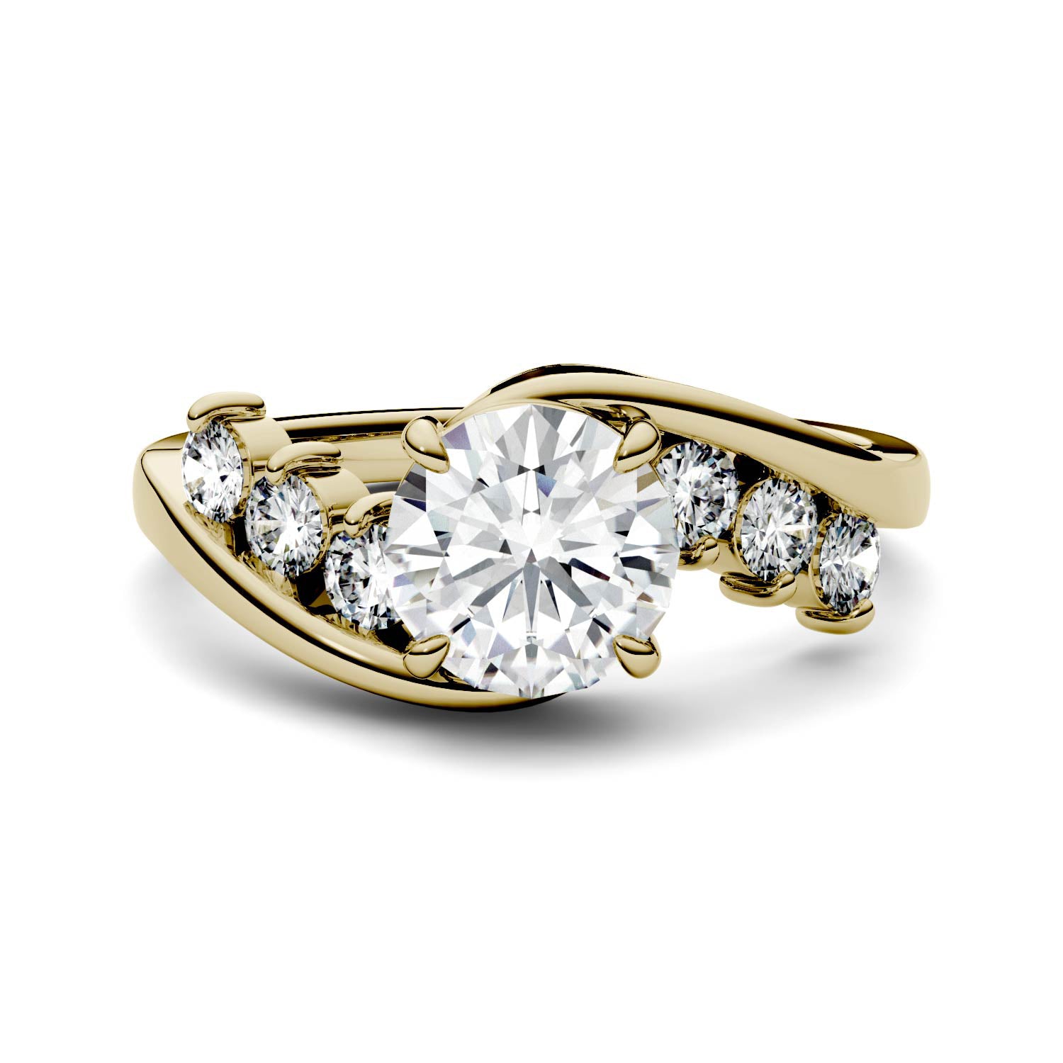 1.38 CTW DEW Round Moissanite Bypass Side-Stone Engagement Ring in 14K Yellow Gold