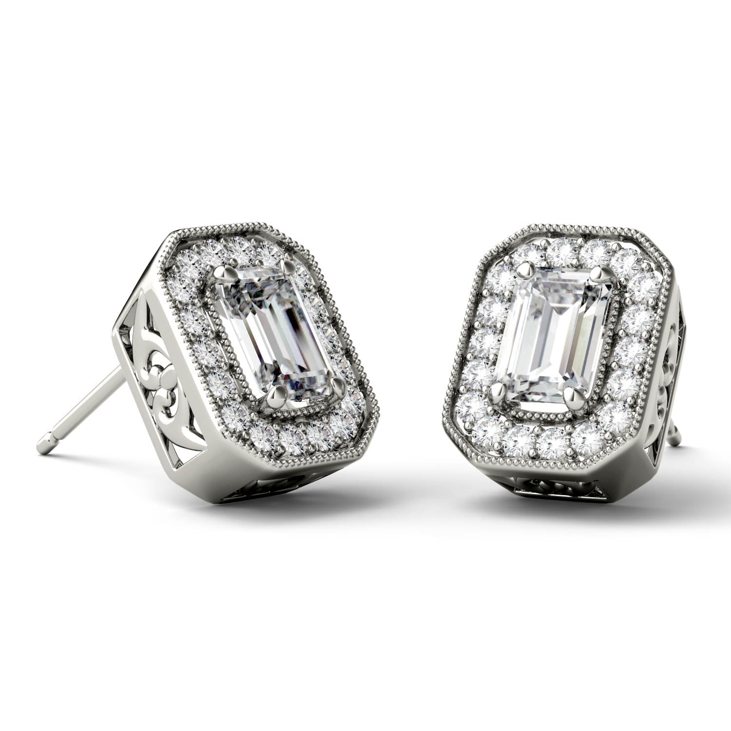 1.52 CTW DEW Emerald Moissanite Halo Stud Earrings in 14K White Gold