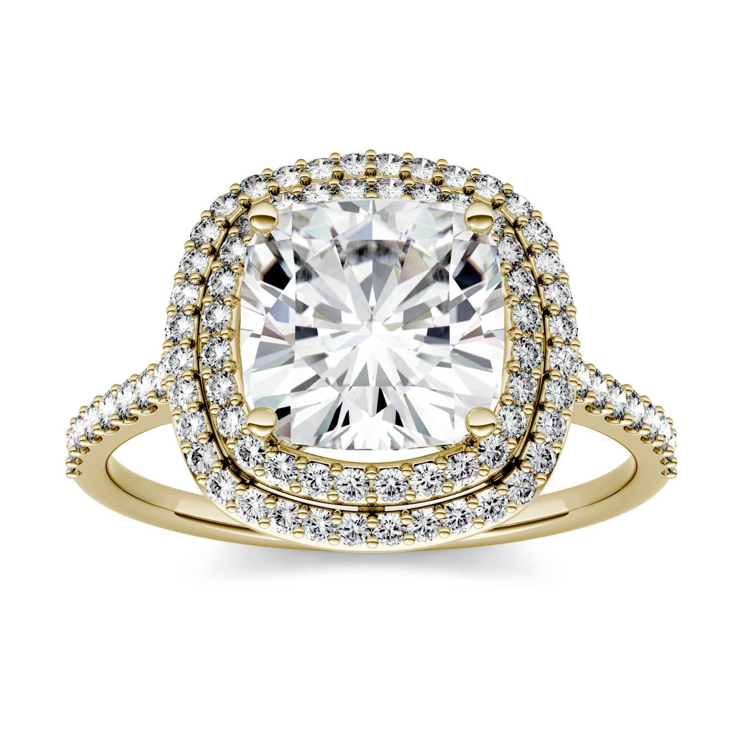 2.90 CTW DEW Cushion Moissanite Double Halo Engagement Ring in 14K Yellow Gold