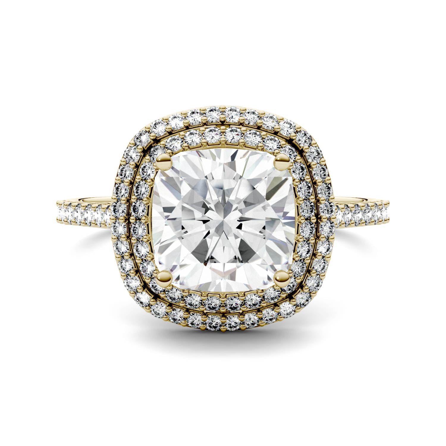 2.90 CTW DEW Cushion Moissanite Double Halo Engagement Ring in 14K Yellow Gold