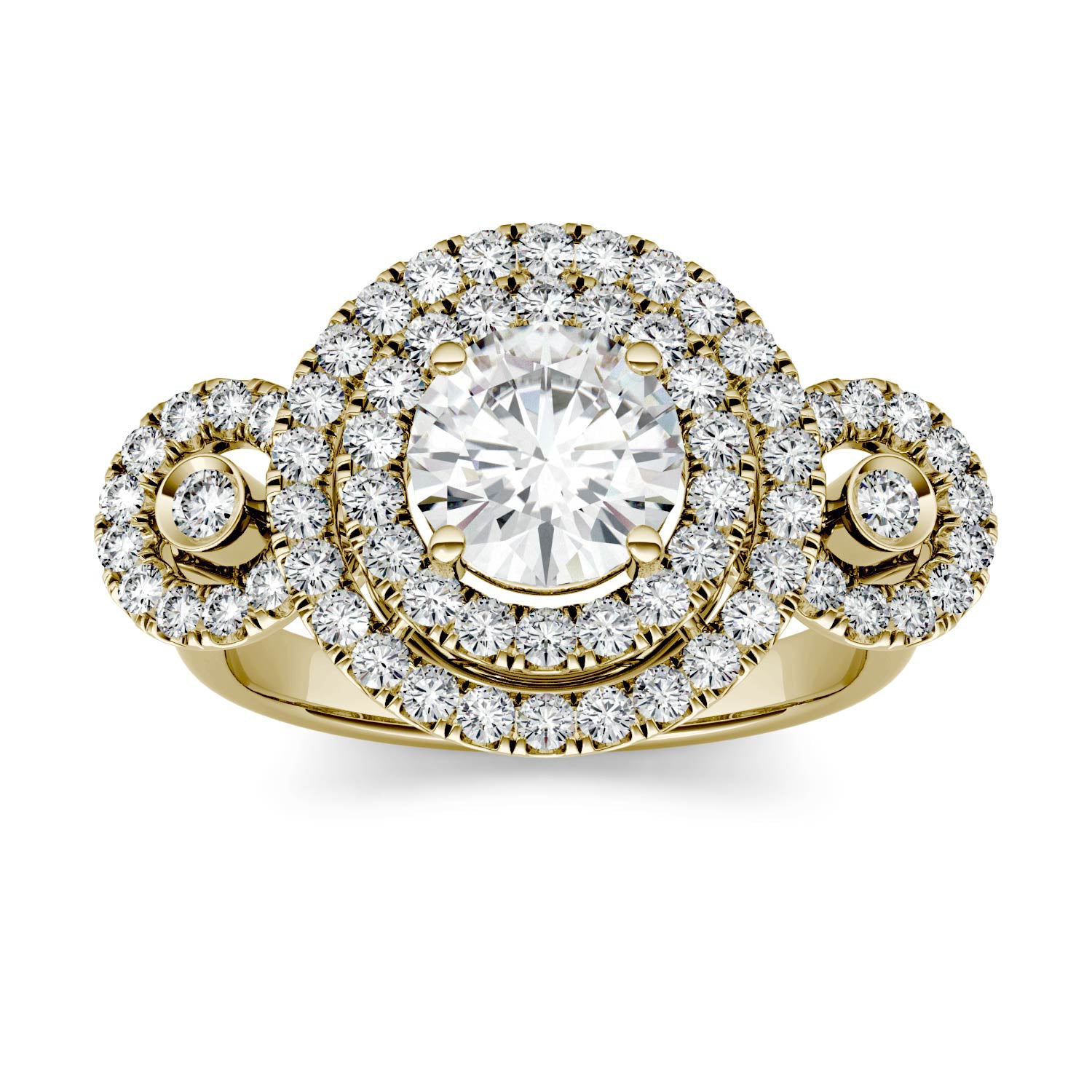 1.69 CTW DEW Round Moissanite Double Halo Three-Stone Engagement Ring in 14K Yellow Gold