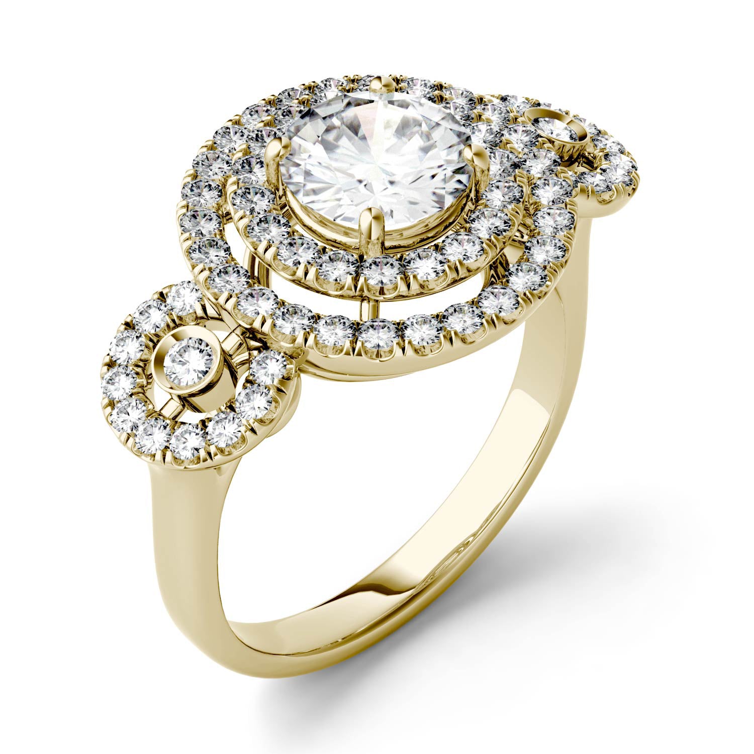 1.69 CTW DEW Round Moissanite Double Halo Three-Stone Engagement Ring in 14K Yellow Gold