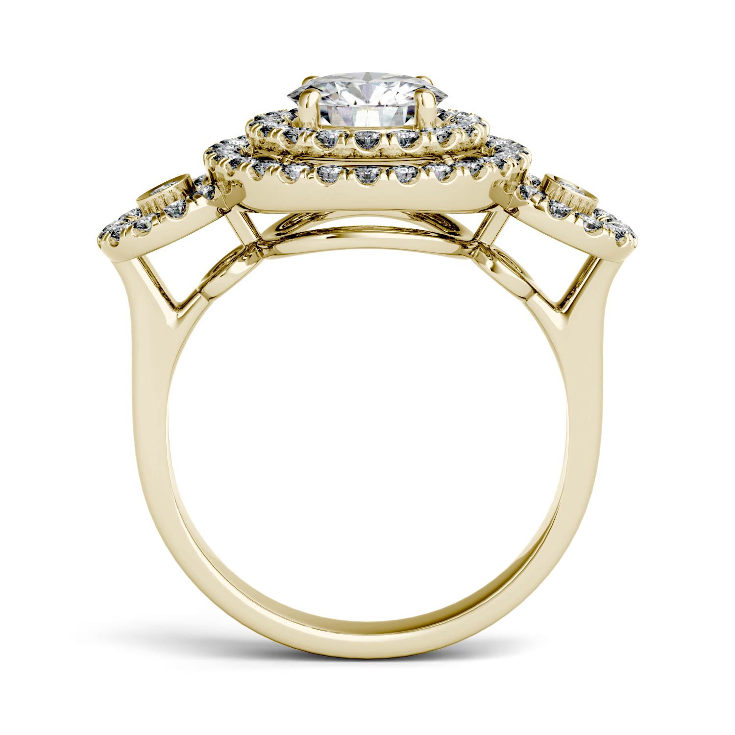 1.69 CTW DEW Round Moissanite Double Halo Three-Stone Engagement Ring in 14K Yellow Gold