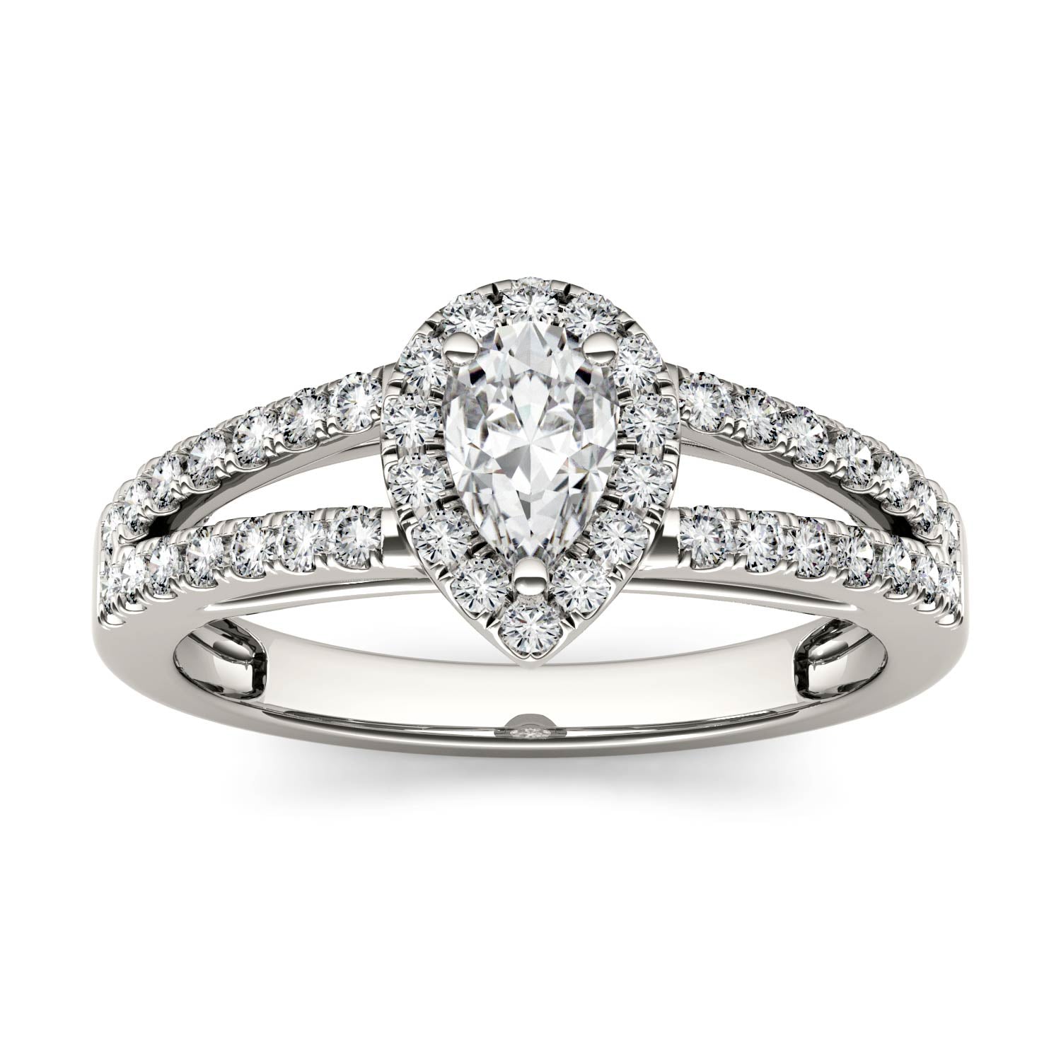 0.96 CTW DEW Pear Moissanite Side-Stone Split-Shank Halo Engagement Ring in 14K White Gold