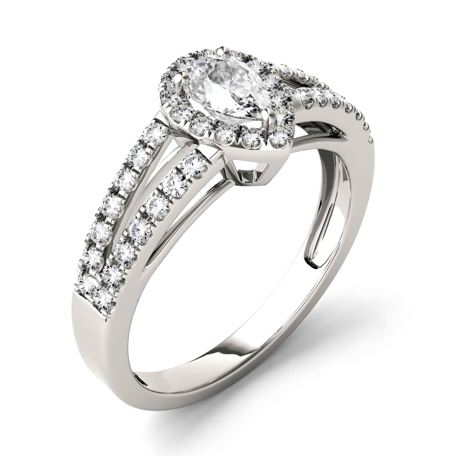 0.96 CTW DEW Pear Moissanite Side-Stone Split-Shank Halo Engagement Ring in 14K White Gold