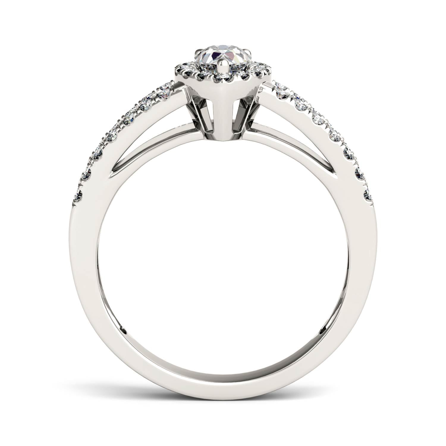 0.96 CTW DEW Pear Moissanite Side-Stone Split-Shank Halo Engagement Ring in 14K White Gold