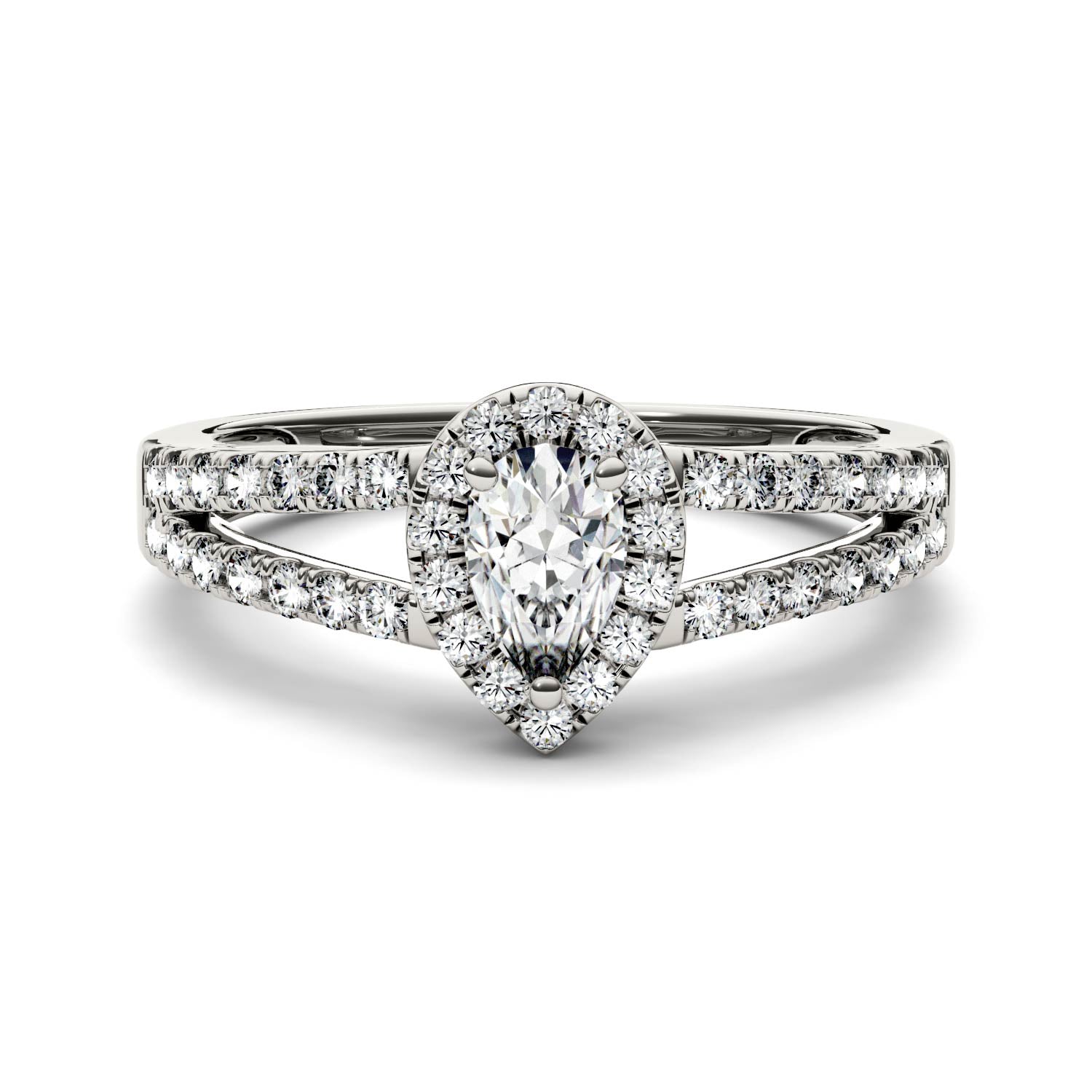 0.96 CTW DEW Pear Moissanite Side-Stone Split-Shank Halo Engagement Ring in 14K White Gold