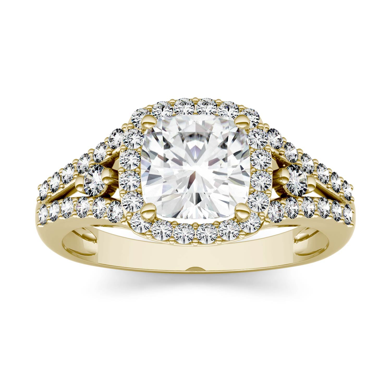 2.20 CTW DEW Cushion Moissanite Accented Halo Engagement Ring in 14K Yellow Gold