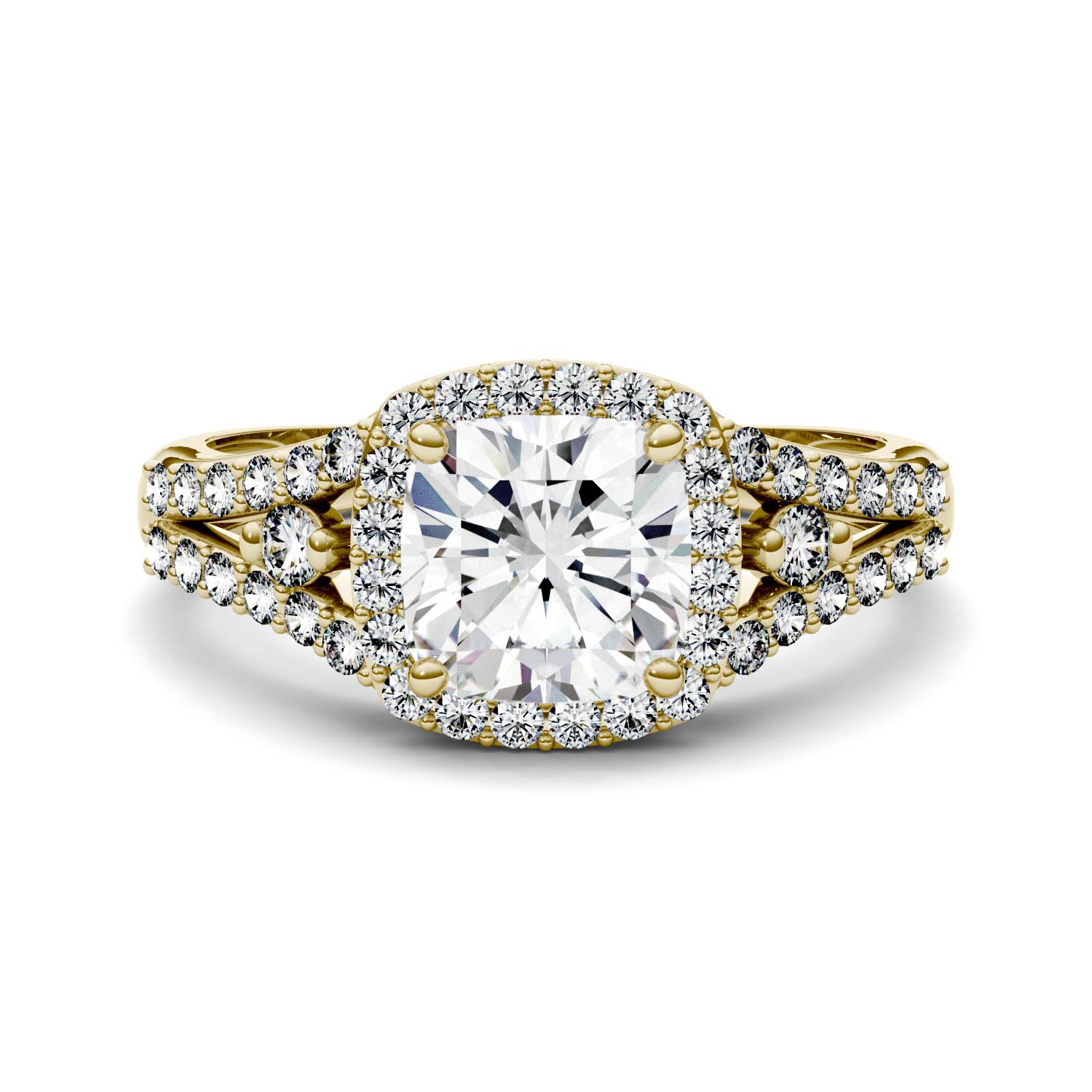 2.20 CTW DEW Cushion Moissanite Accented Halo Engagement Ring in 14K Yellow Gold