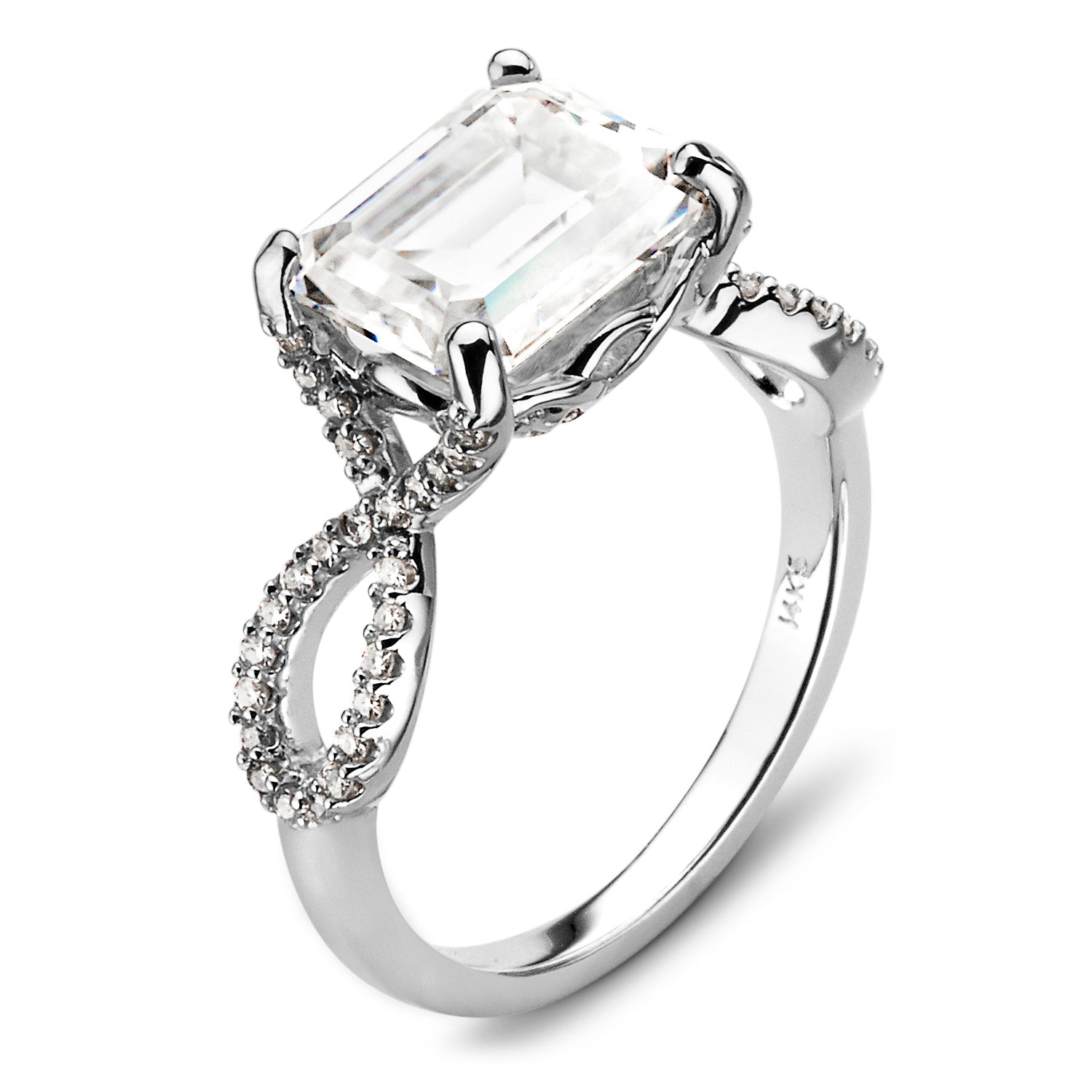 3.80 CTW DEW Emerald Moissanite East-West Twist Side-Stone Engagement Ring in 14K White Gold