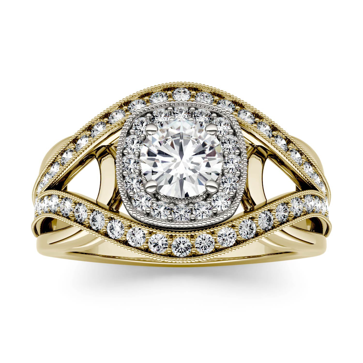 1.22 CTW DEW Round Moissanite Halo Twist Engagement Ring in 14K Two-Tone Gold