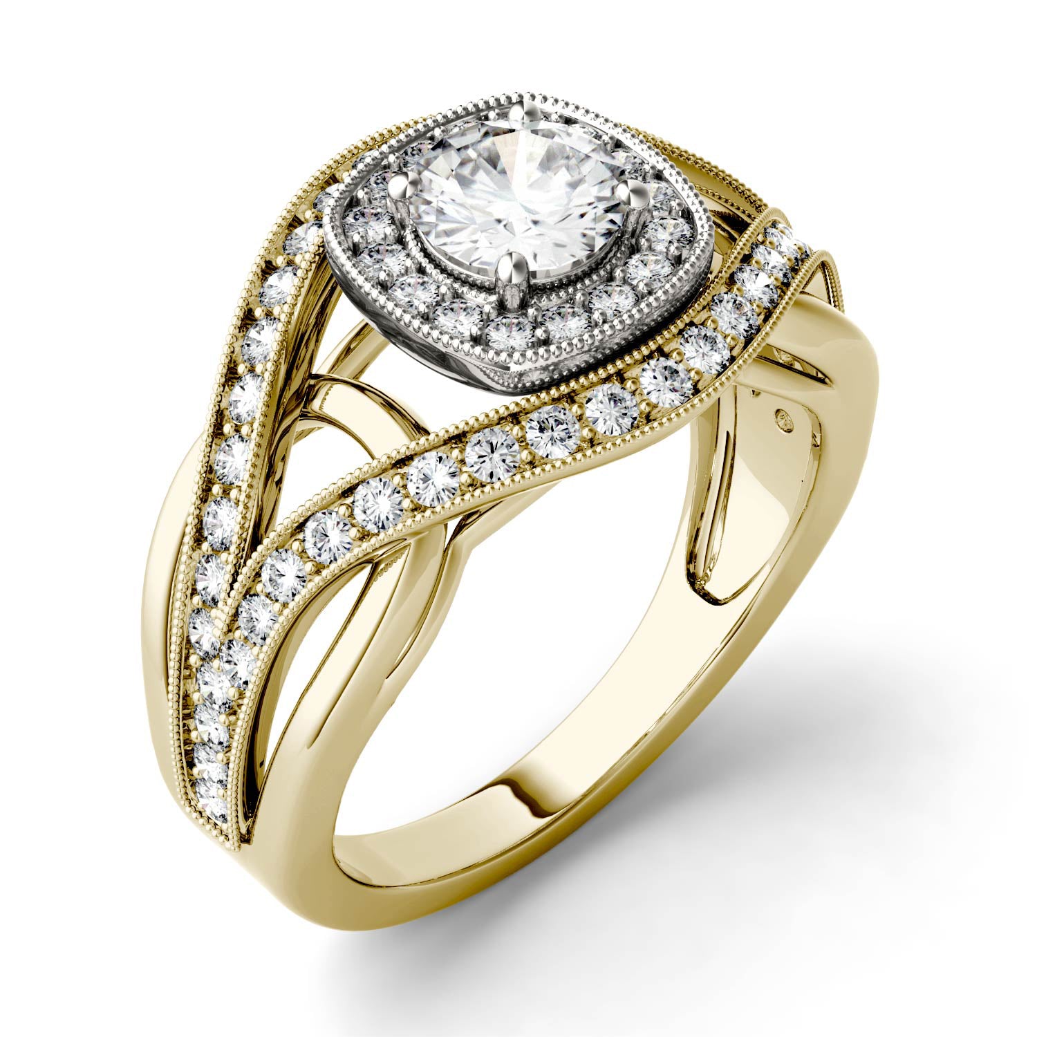 1.22 CTW DEW Round Moissanite Halo Twist Engagement Ring in 14K Two-Tone Gold