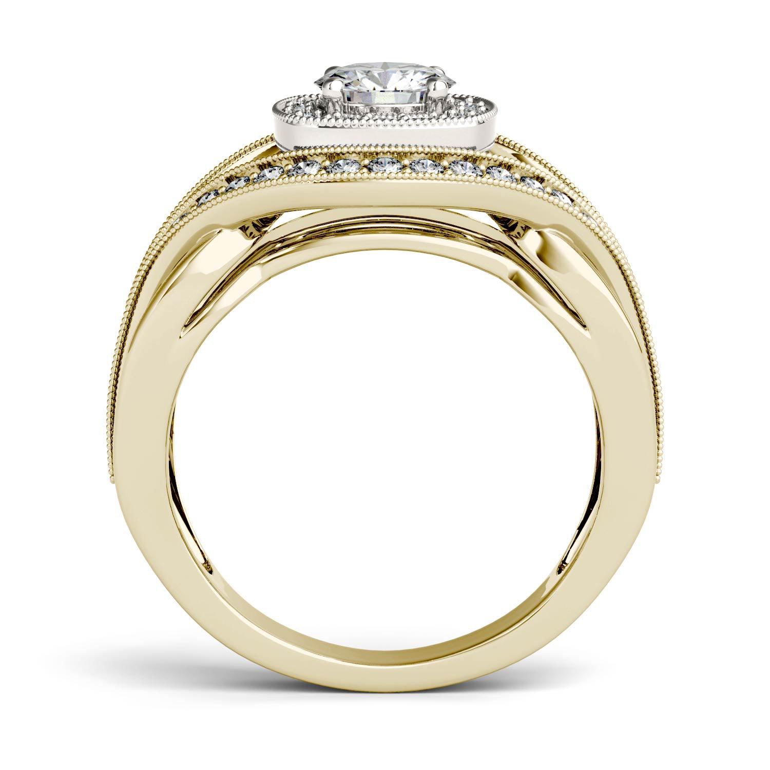 1.22 CTW DEW Round Moissanite Halo Twist Engagement Ring in 14K Two-Tone Gold