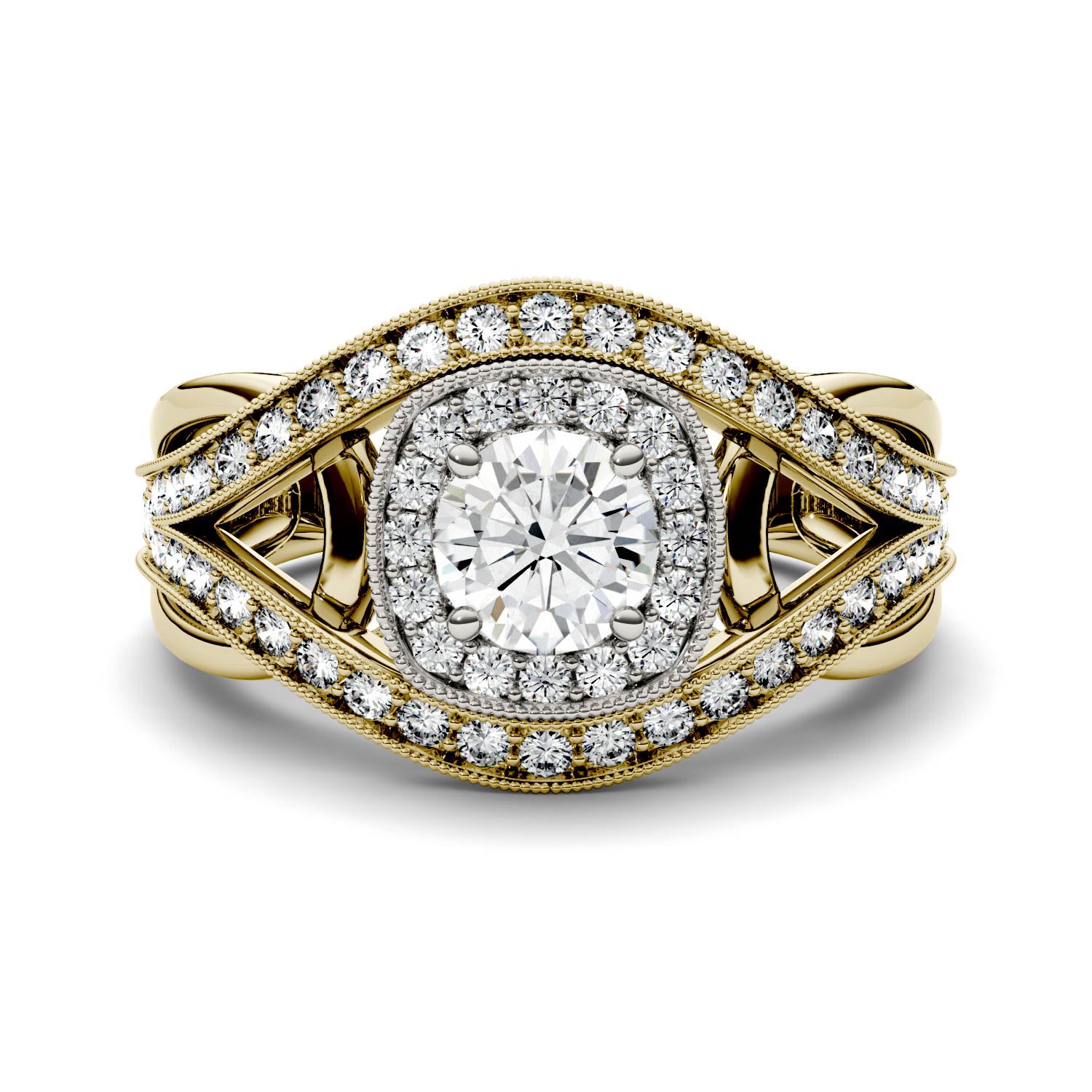 1.22 CTW DEW Round Moissanite Halo Twist Engagement Ring in 14K Two-Tone Gold