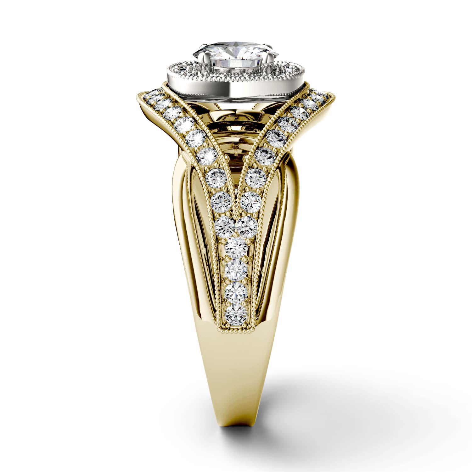 1.22 CTW DEW Round Moissanite Halo Twist Engagement Ring in 14K Two-Tone Gold