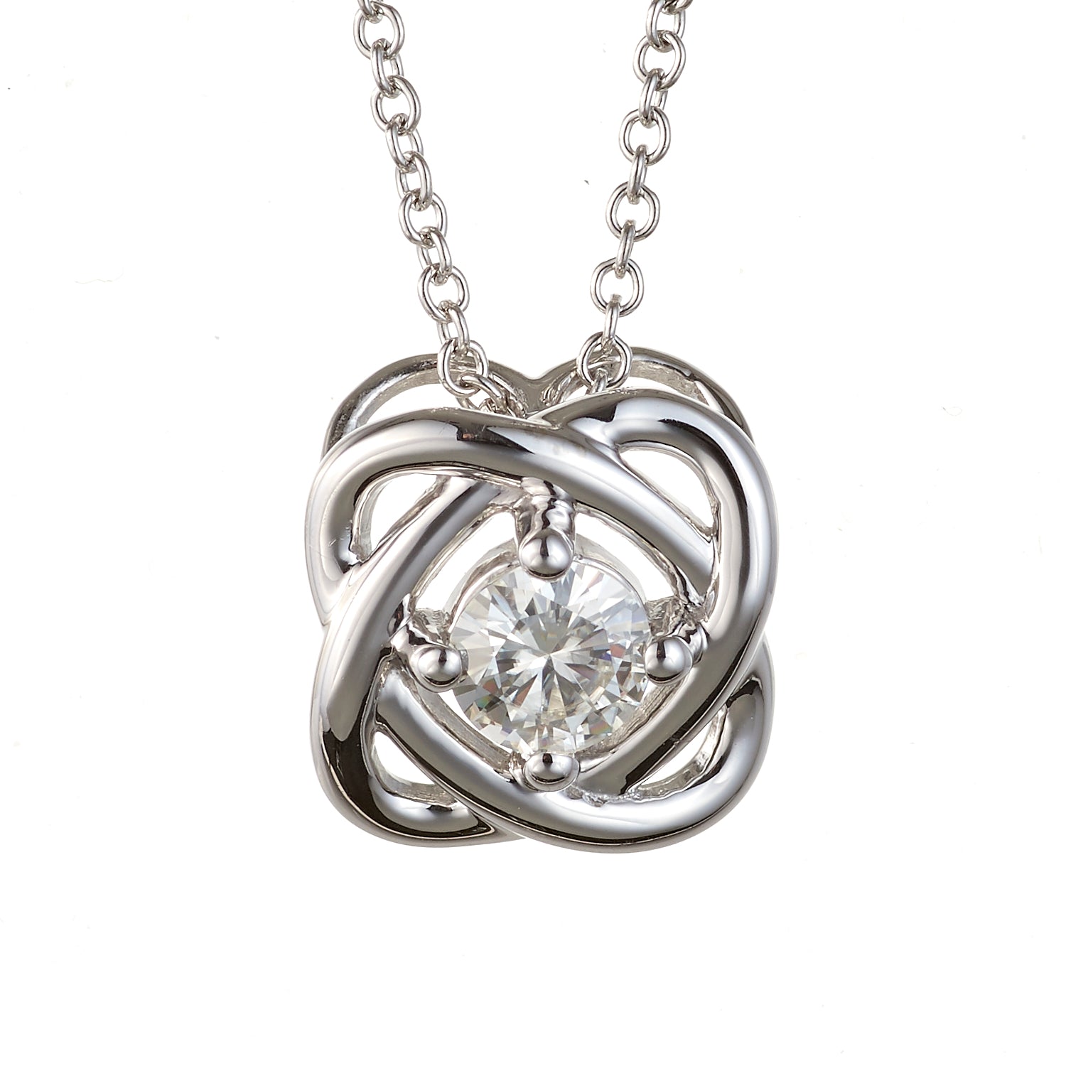 0.33 CTW DEW Round Moissanite Love Knot Pendant in Sterling Silver