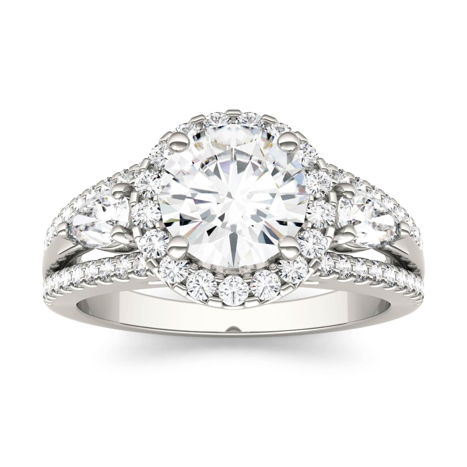 2.50 CTW DEW Round Moissanite Halo Multi-Stone Engagement Ring in 14K White Gold