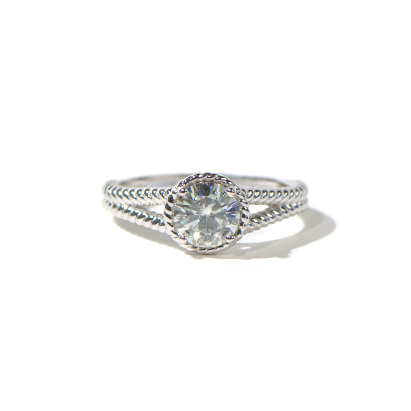 1.00 CTW DEW Round Moissanite Split-Shank Engagement Ring in Sterling Silver