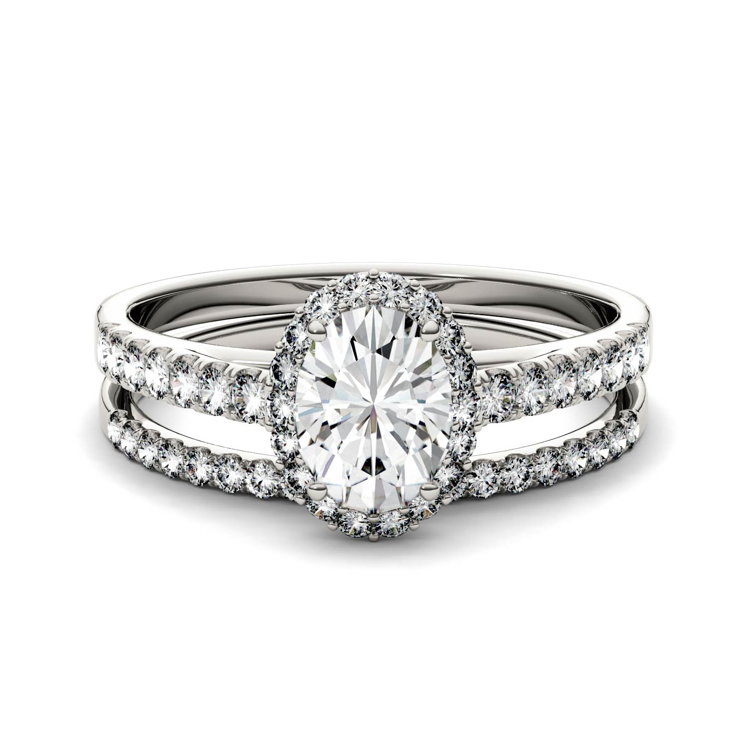 1.28 CTW DEW Oval Moissanite Side-Stone Halo Bridal Set in 14K White Gold