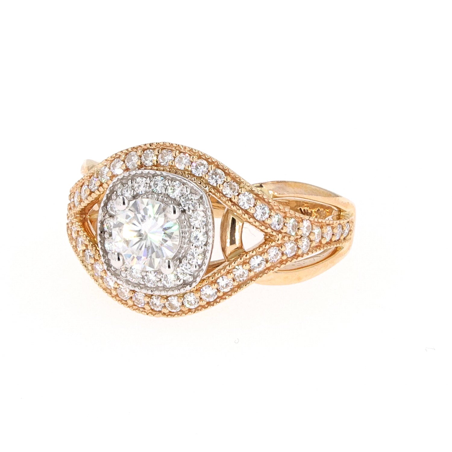 1.22 CTW DEW Round Near-Colorless Moissanite Halo Engagement Ring in 14K Two-Tone Gold