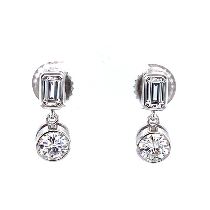 1.54 CTW DEW Round Near-Colorless Moissanite Bezel Two-Stone Drop Earrings in 14K White Gold