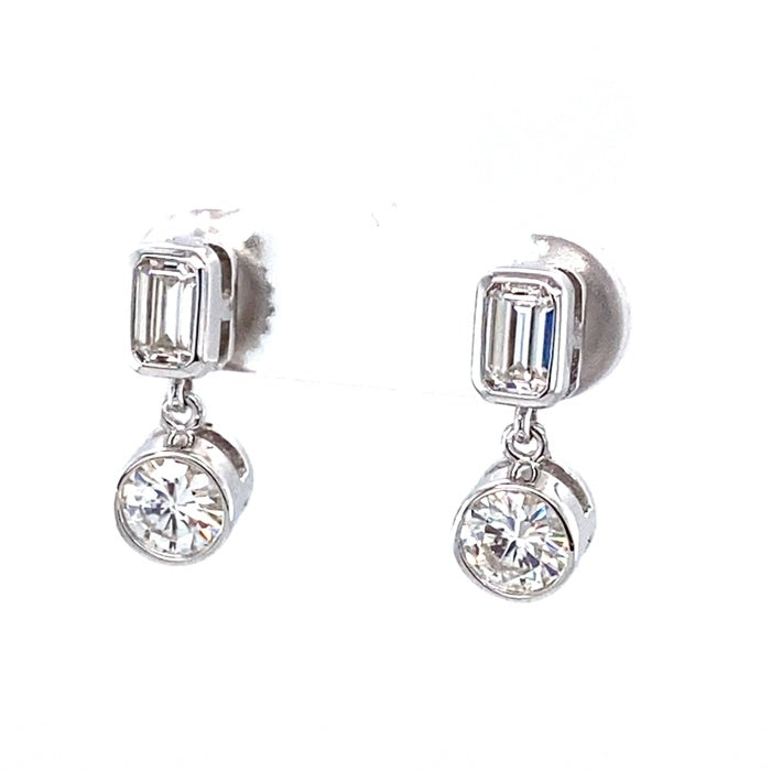 1.54 CTW DEW Round Near-Colorless Moissanite Bezel Two-Stone Drop Earrings in 14K White Gold