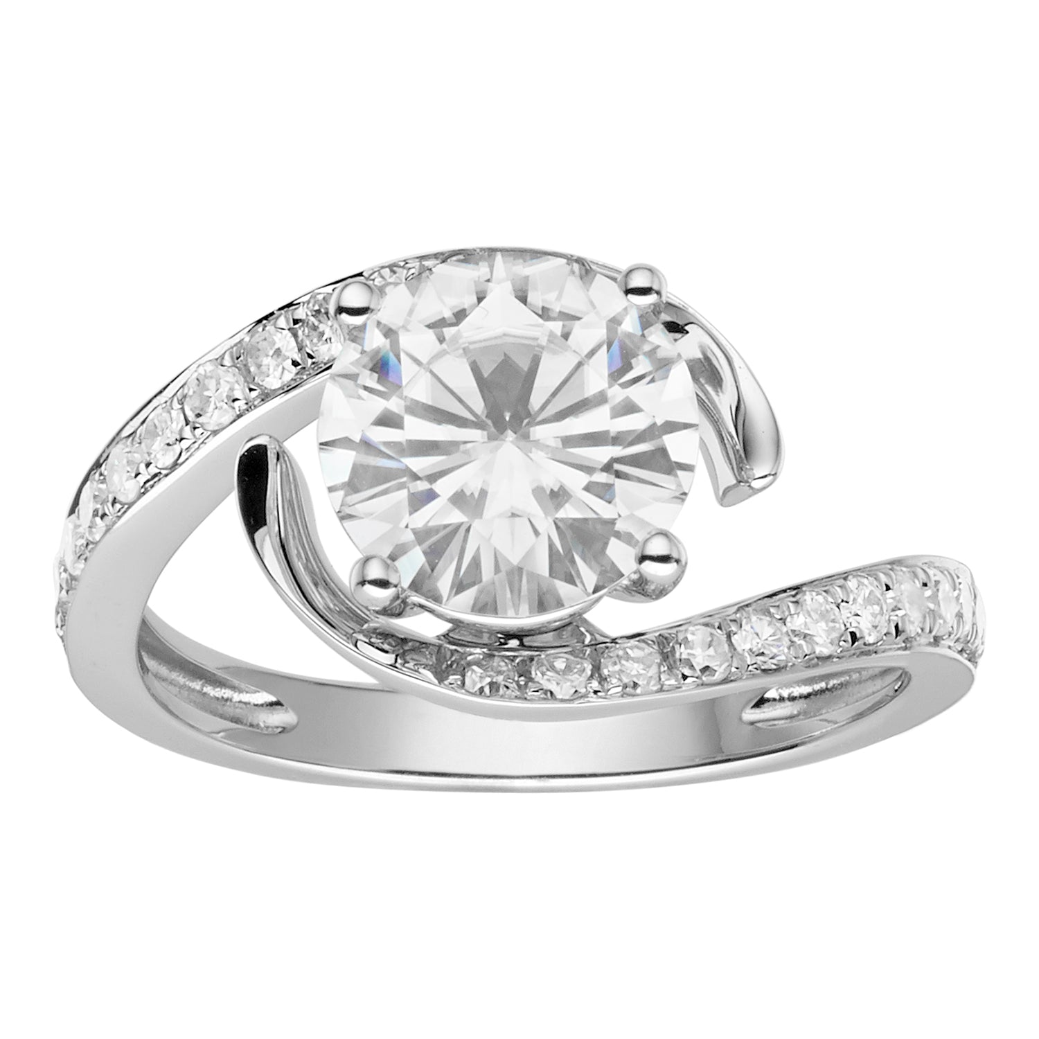 1.74 CTW DEW Round Moissanite Bypass Ring in 14K White Gold