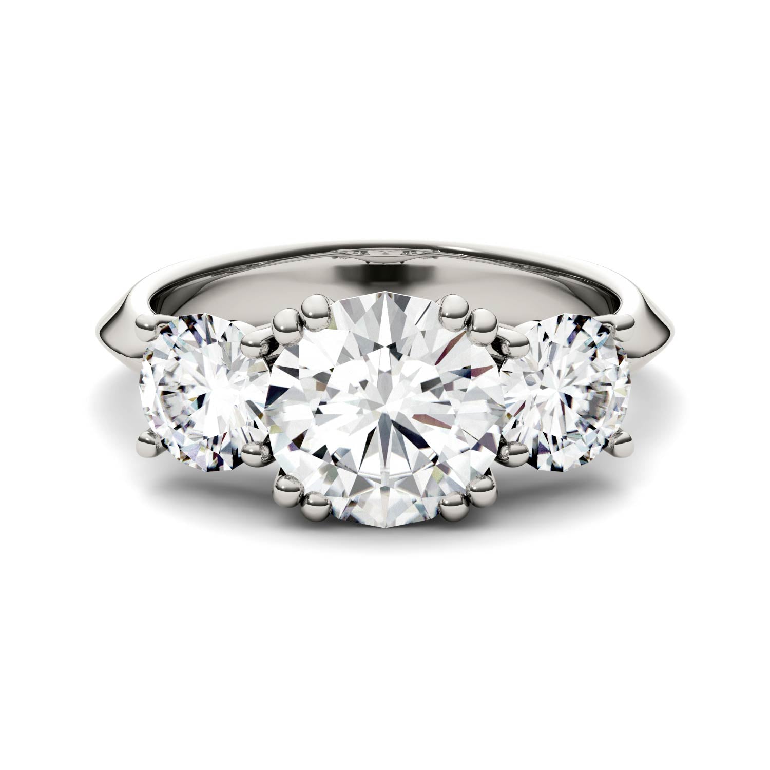 3.10 CTW DEW Round Moissanite Three Stone Ring in 14K White Gold