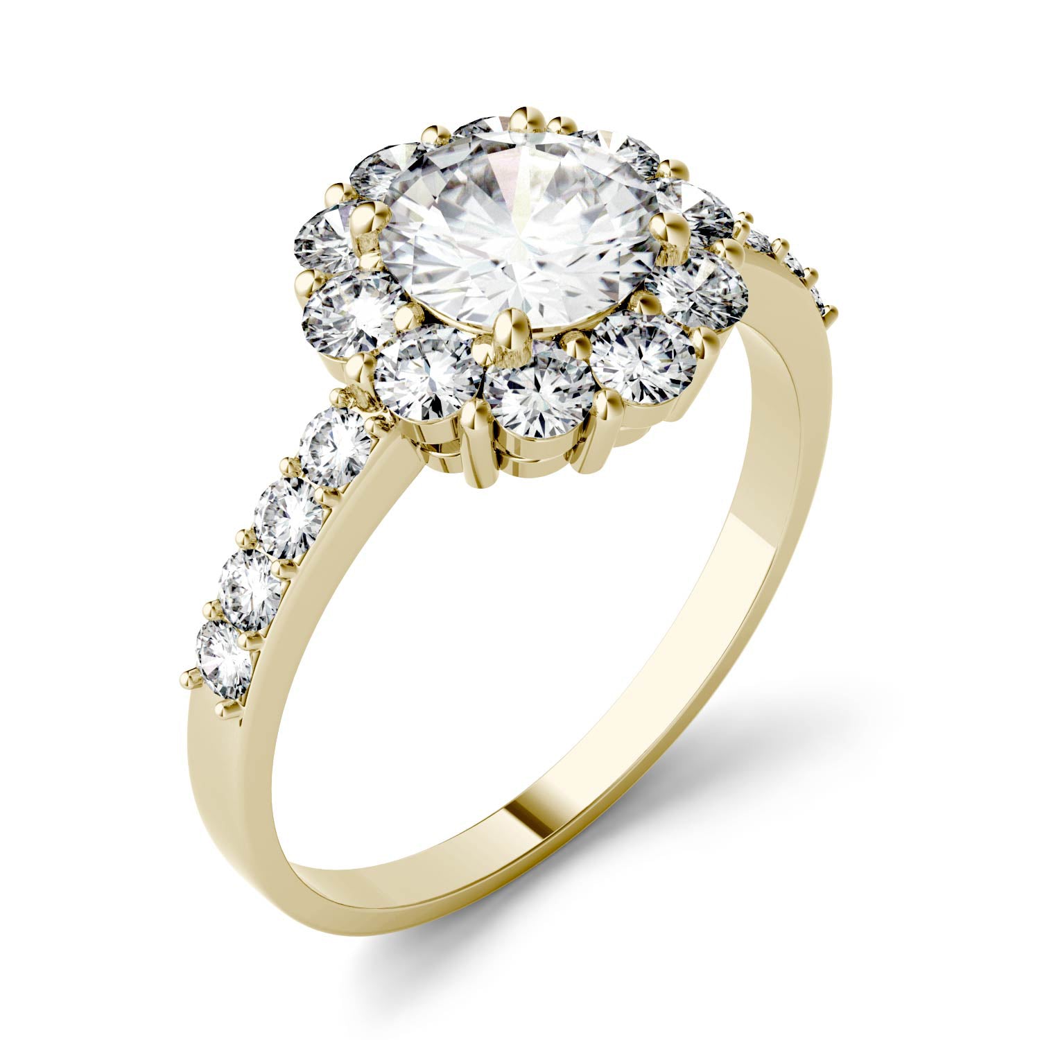 1.78 CTW DEW Round Moissanite Halo Ring in 14K Yellow Gold