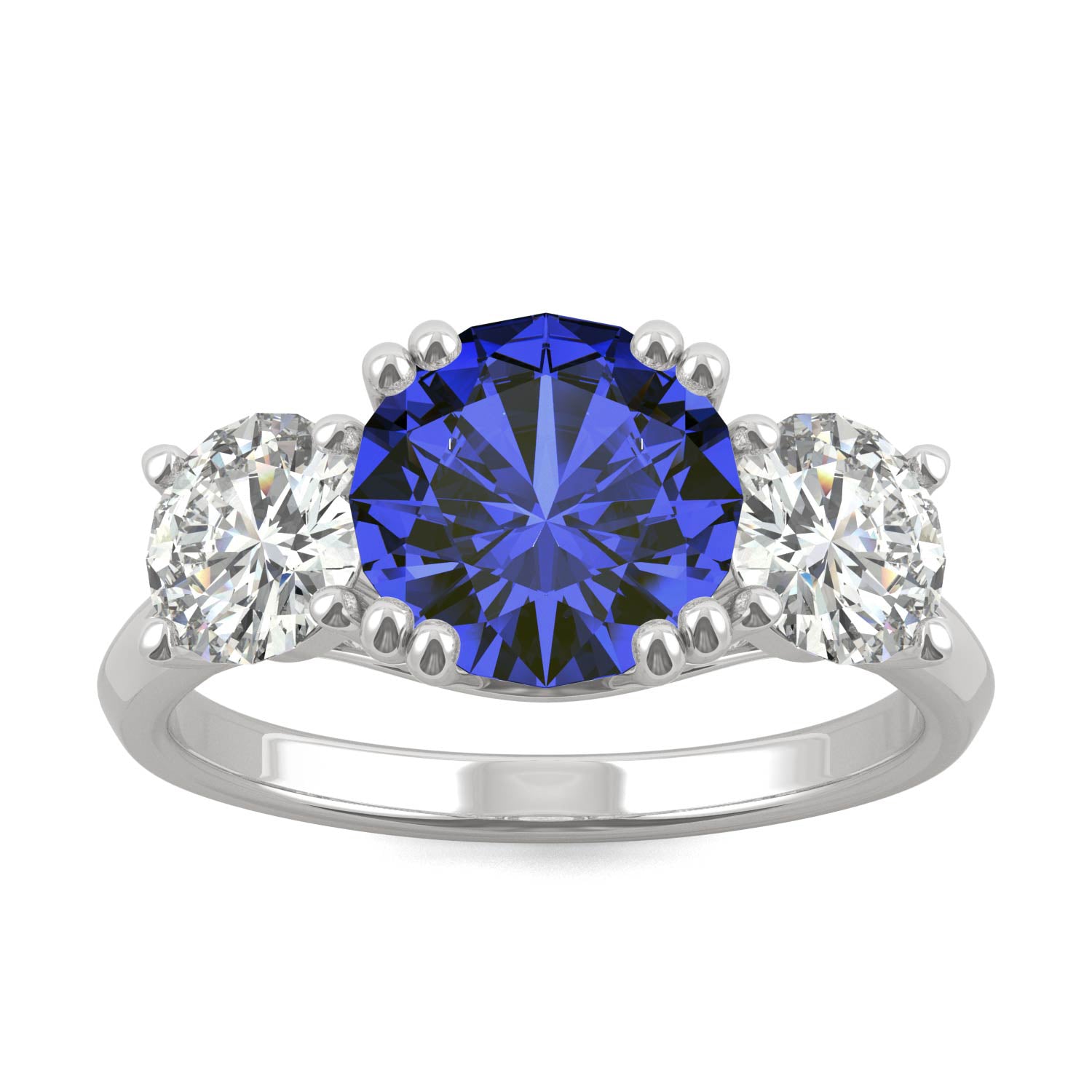 3.90 CTW DEW Round Sapphire Three Stone Ring in 14K White Gold