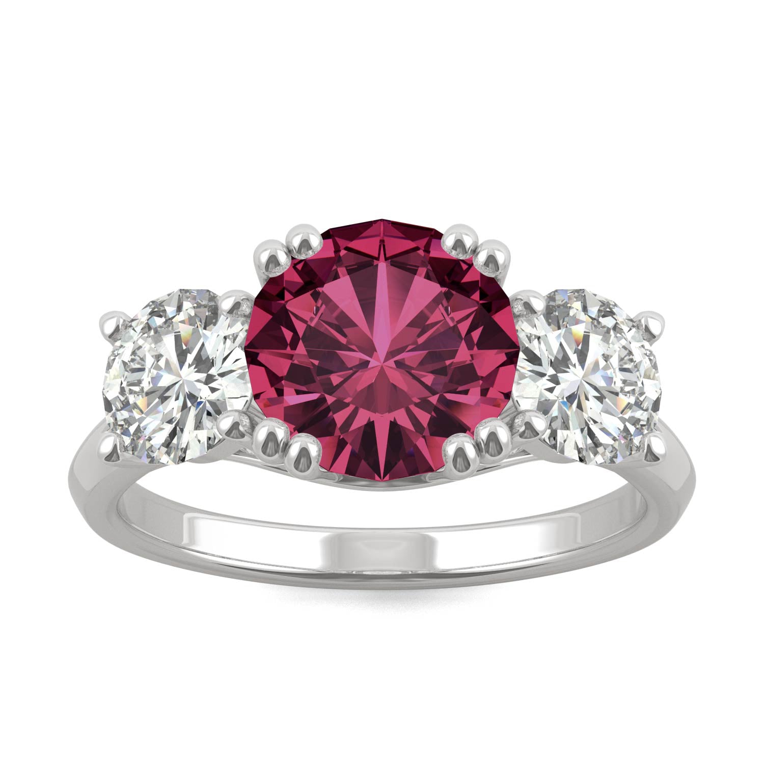 3.90 CTW DEW Round Ruby Three Stone Ring in 14K White Gold