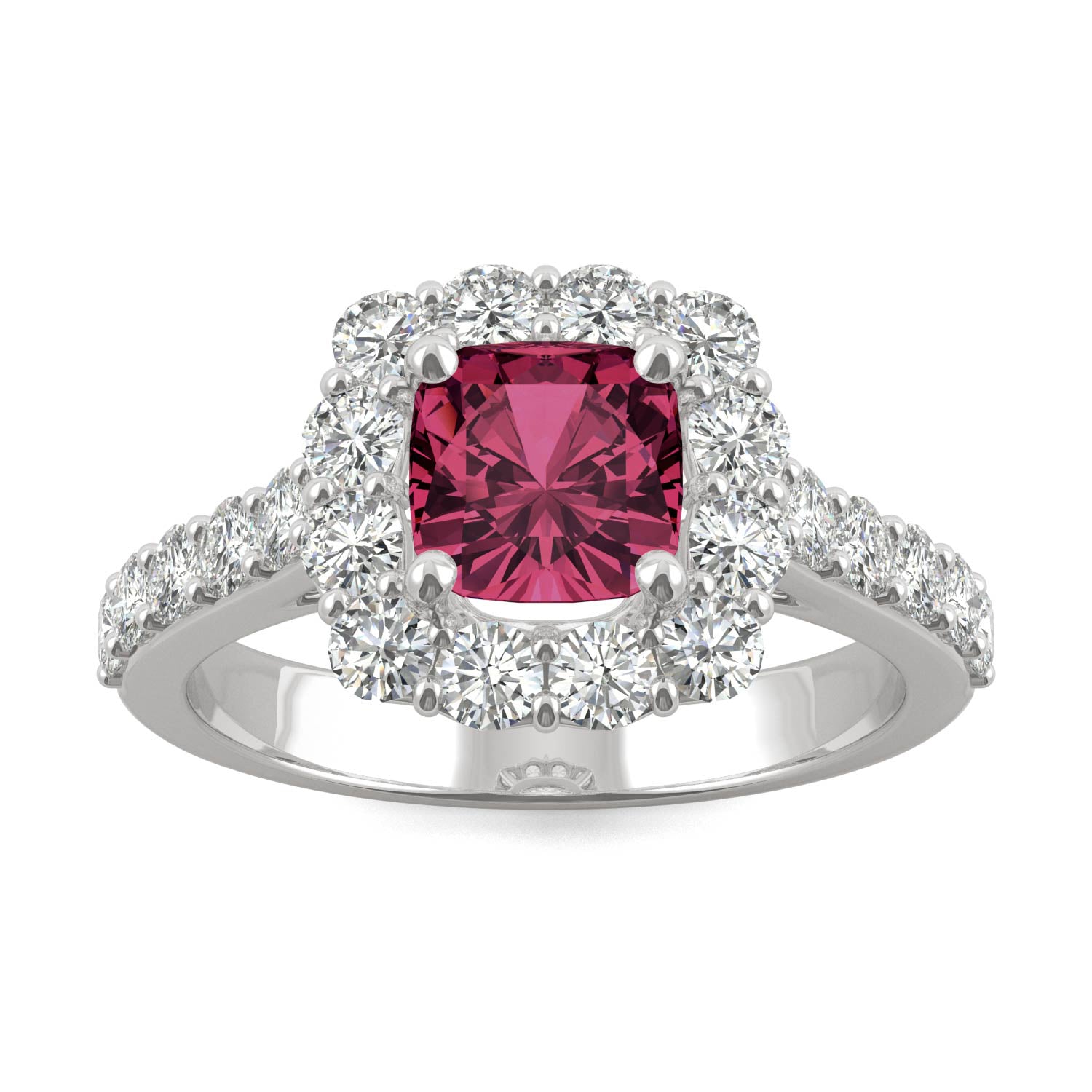 2.30 CTW DEW Cushion Ruby Halo Ring in 14K White Gold