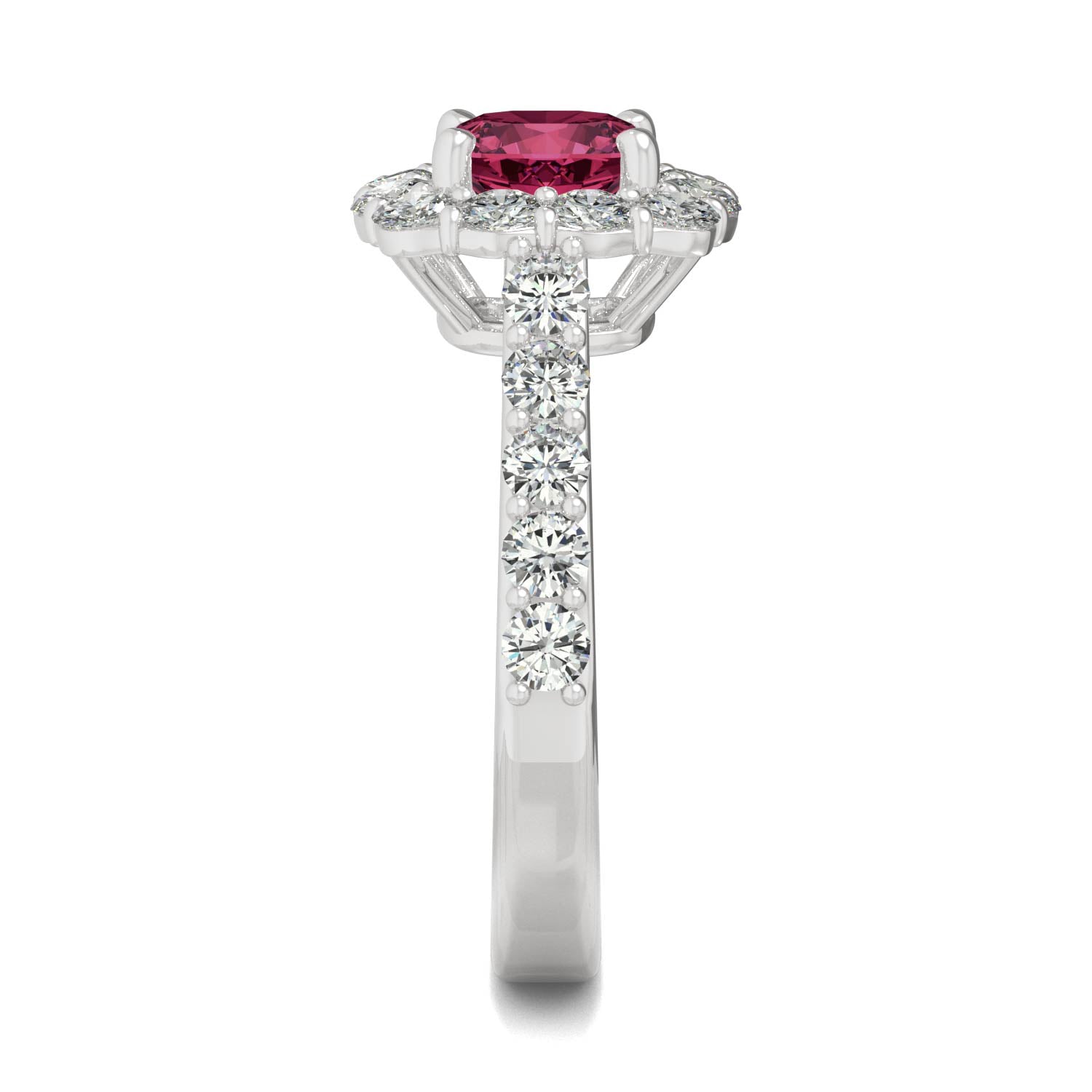 2.30 CTW DEW Cushion Ruby Halo Ring in 14K White Gold